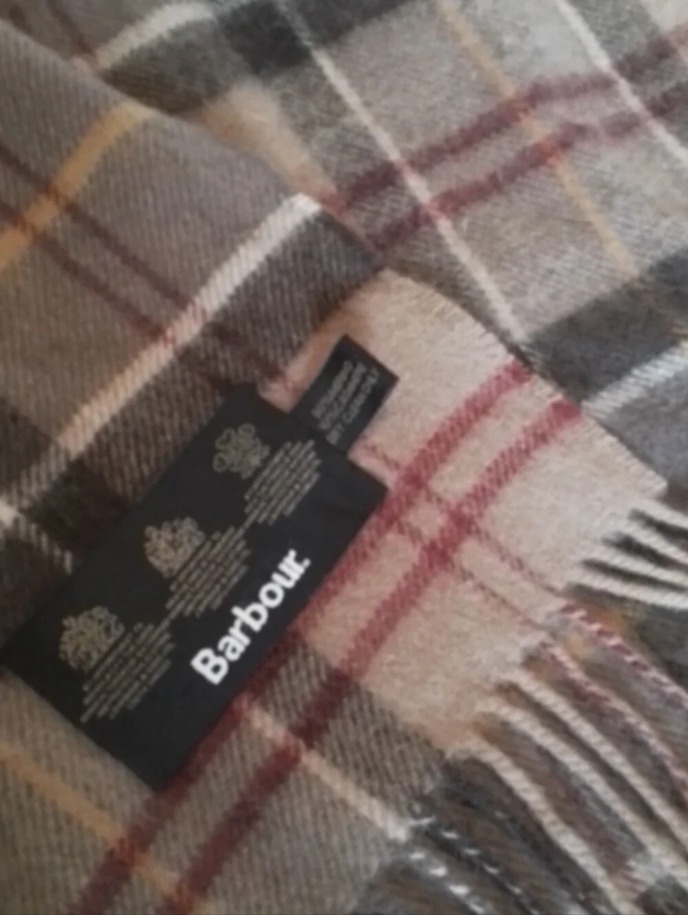 Barbour Classic Cashmere & Merino Wool Tartan Plaid Check Fringed Scarf
